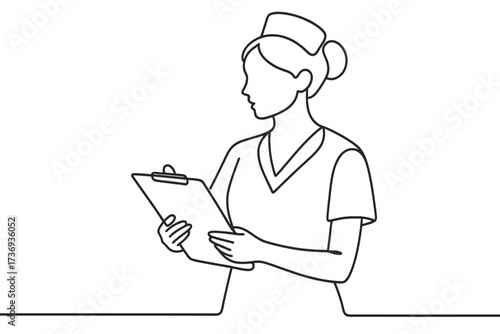 Female Nurse Holding a Clipboard and Taking Notes, Continuous One Line Drawing


