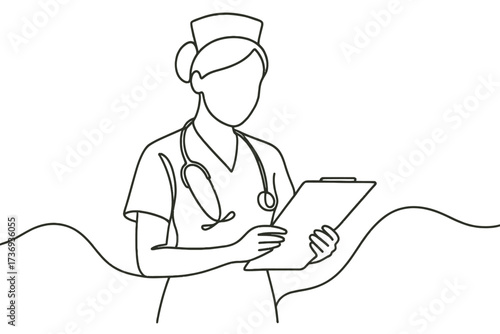Nurse with Stethoscope and Clipboard, Medical Professional Line Drawing

