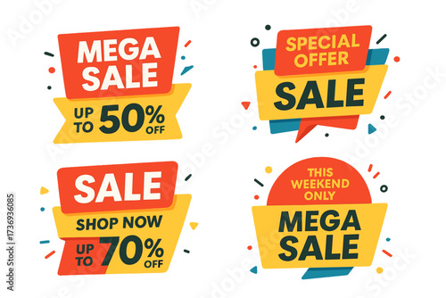 Sale banner and special offer sticker set. Big discount tags for retail promotion and marketing. Shop now and weekend only mega sale badges with 50 and 70 percent off.