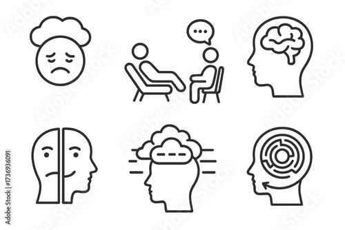 Mental health line icon set. Psychology concepts like depression, psychotherapy, bipolar disorder, split personality, negative thinking, obsession, stress, confusion. Vector icon pack.
