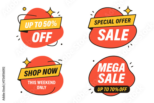 Sale sticker set. Special offer banners and discount tags for retail promotion. Mega sale and shop now labels. Up to 50 and 70 percent off. Vector graphic elements.