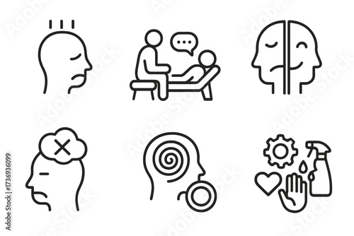 Set of mental health line icons. Psychology concepts of depression, psychotherapy, bipolar disorder, negative thinking, obsession, OCD, and mood swings. Vector symbol collection.