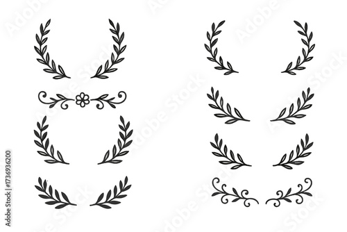 Hand drawn laurel wreath floral divider set. Vintage sketch ornaments collection. Rustic borders and frames for wedding invitation or award. Elegant olive branch vector design.