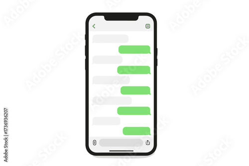 Realistic mobile messaging app mockup on smartphone screen. Messenger chat interface for UI UX design. Social network template with empty text bubbles for online conversation.