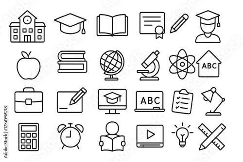 Education and learning icon set. Thin line style vector icons for web design. Symbols of school, university, online course, graduation, study, knowledge, and science.