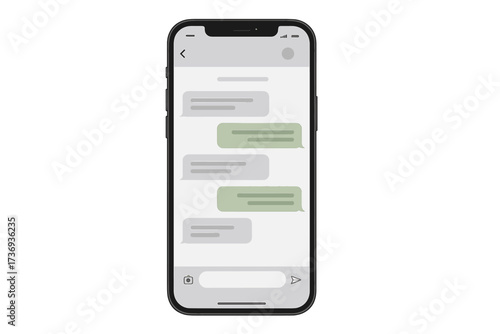 Realistic mobile messaging app messenger concept. Smartphone screen mockup with chat conversation. Social network UI and UX design template for text messages and online dialogue.