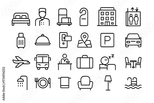 Hotel service & travel line icon set. Vector collection for hospitality, booking app, website. Includes room, bed, sleep, luggage, reception, pool, transport, food.