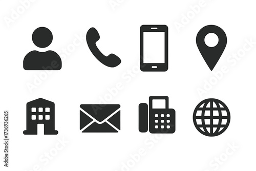 Business card icon set. Contact information vector symbols. Name, phone, mobile, location, place, mail, fax, web. User profile glyph for website and app UI design.