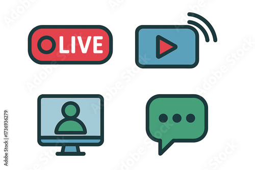 Live stream and webinar icon set for online events. Vector collection includes broadcast button, video player, online conference symbol, and chat communication bubble signs.