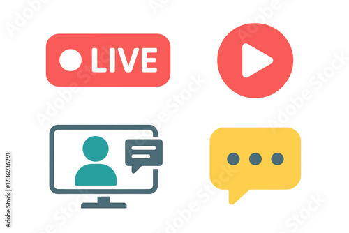 Live stream and webinar icon set for online events. Vector collection includes play button, broadcast symbol, video conference screen, and chat bubble for streaming media.