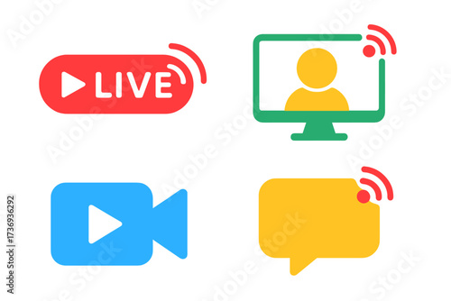 Live stream icon set for broadcasting and webinars. Vector collection includes live button, video conference, online event, streaming camera, and chat symbols for web UI design.