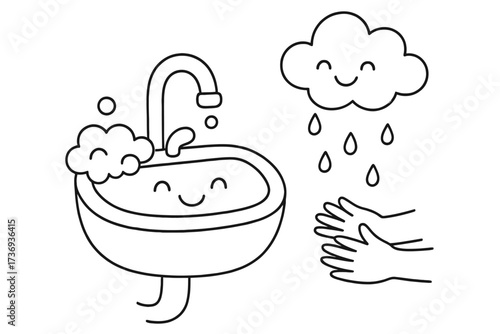 Cartoon Sink and Cloud Washing Hands with Soap - Hygiene Line Art