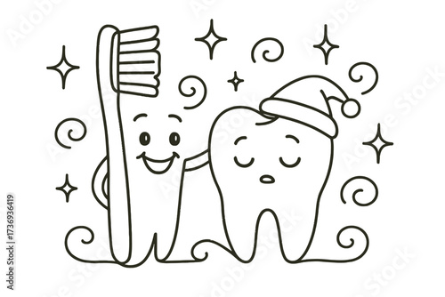 Minimalist Line Art of Happy Toothbrush and Sleepy Tooth Mascot