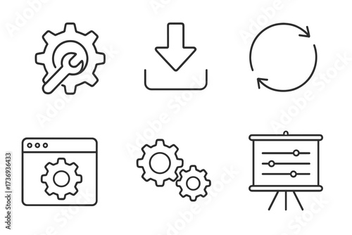 Setup and settings web icons in line style. Options, download, update, configuration, gears, optimization symbols. UI UX design elements for website and mobile app vector pack.
