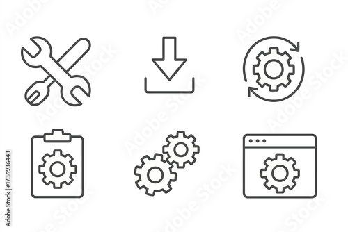 Setup and settings web icons collection in thin line style. Options, download, update, configuration, gears, and optimization symbols for website and app interface design.