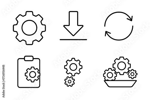 Set of setup and settings web icons in thin line style. Options, download, update, configuration, gears, and optimization icon collection for user interface design. Vector