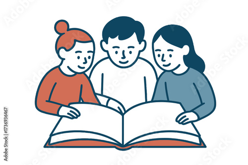 Three Diverse Students Reading a Big Open Book - Group Study and Collaborative Learning