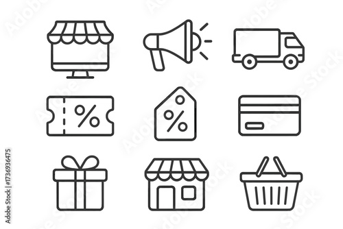 Shopping web icons in thin line style. E-commerce and online shop collection. Digital marketing, delivery, coupon, discount, payment, credit card, gift, basket vector set.