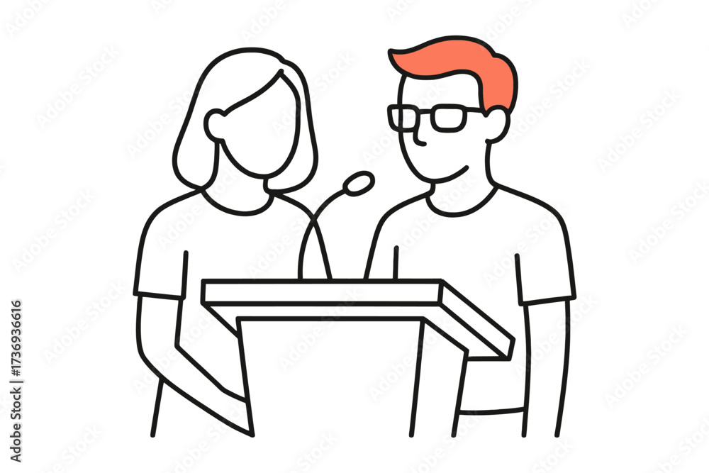 Obraz premium Two Students with Glasses at a Podium Speaking with Microphone - Academic Presentation Line Art