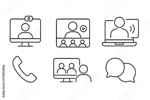 Set of video conference and online communication line icons. Webinar, e-learning, remote work, webcast, meeting, speaker, call, chat symbols. Vector illustration collection.