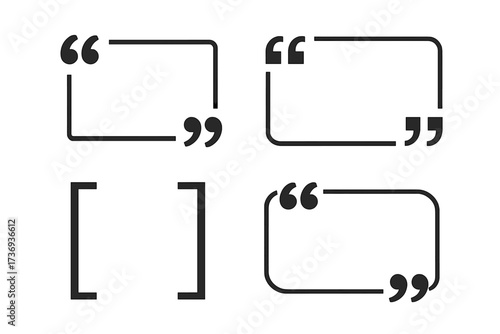 Set of quote box frames and text brackets. Vector graphic elements for quotation, comments, testimonials, and messages. Dialogue bubble, citation mark, and speech icon design.
