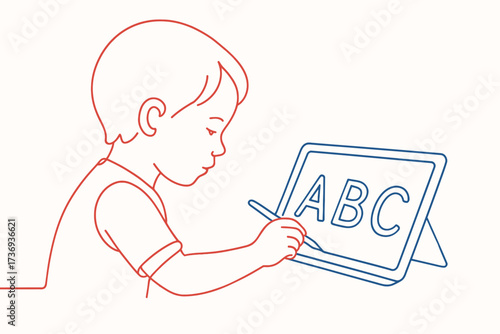 Child Tracing ABC Letters on a Digital Tablet - Early Literacy and Digital Learning Line Art