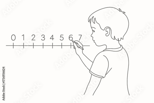Boy Writing Numbers on a Number Line - Math, Counting, and Early Education Line Art