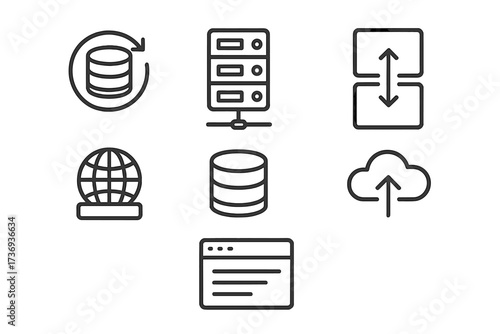 Web hosting and cloud data service line icon set. Vector symbols for server rack, database, information backup, network transfer, domain, website page and cloud storage upload.