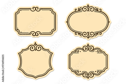 Set of vintage ornamental frames and retro labels. Collection of elegant sticker badges with classic decorative borders. Old-fashioned vector illustration for insignia or emblem.