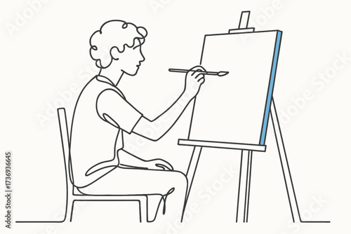 Minimalist Continuous Line Drawing of Artist Painting on Easel
