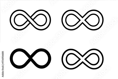 Set of black infinity loop symbols vector illustration with transparent background, ordered collection of infinity signs design for concept of eternity, limitlessness, continuity, abstract shapes