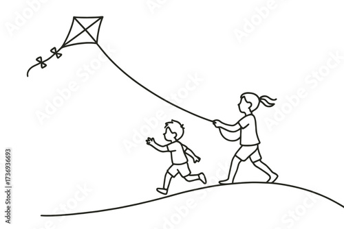 Simple Line Illustration of Two Children Running Up a Hill Flying a Diamond-Shaped Kite