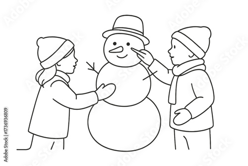  Line Art Illustration of Two Siblings or Friends Building a Snowman in Winter Clothes