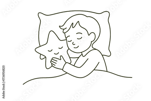 Outline Drawing of a Sleeping Child Cuddling a Plush Star Pillow in Bed