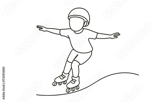  One-Line Contour Drawing of a Child Wearing a Helmet and Rollerblading with Arms Outstretched