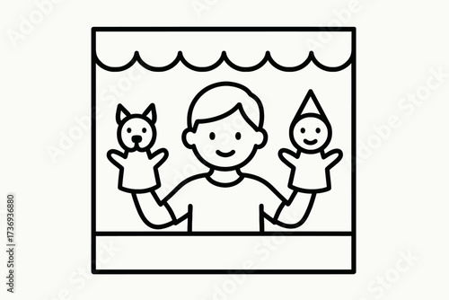 Outline Drawing of a Person Performing a Puppet Show with Hand Puppets in a Simple Frame Stage