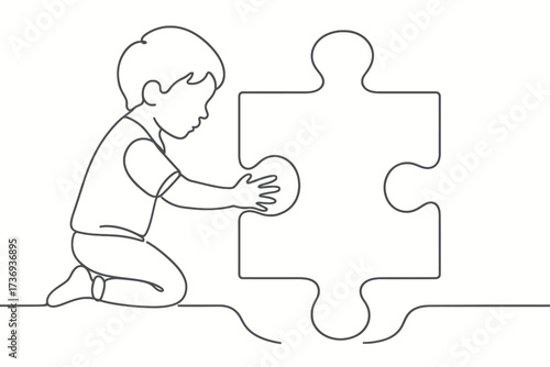 Contour Line Drawing of a Child Kneeling and Placing a Large Puzzle Piece