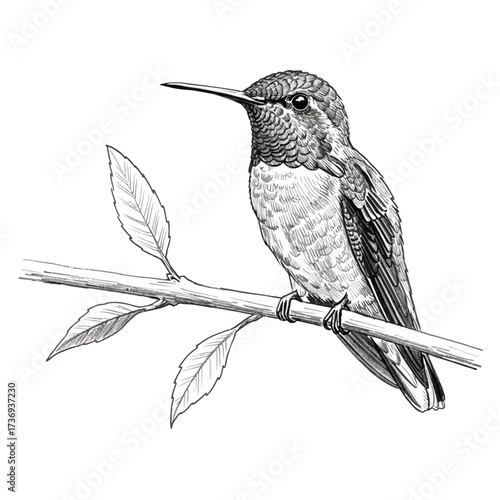 Clean Black and White Outline Illustration of a Bird Perched on a Branch
