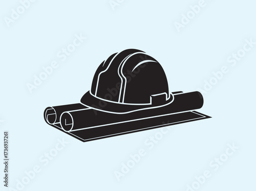 Project Development Icon Silhouette of Helmet with Blueprint
