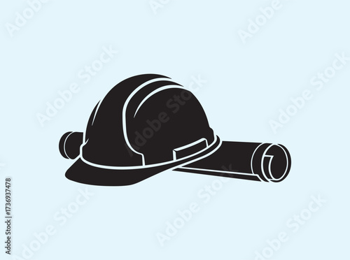 Hard Hat with Rolled Blueprint Silhouette Isolated on White
