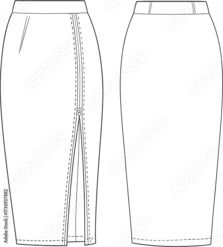 CAD drawing flat vector pencil skirt, fashion flat sketch, slim fit skirt with slit design, technical garment illustration, apparel template