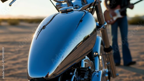 Shiny Motorcycle and Guitarist: Desert Sunset Vibes, Freedom, Music