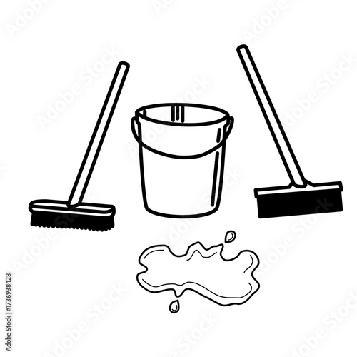 Broom Brush Squeegee And Bucket With Puddles Icon Vector Illustration Depicting Floor Cleaning Sanitation And Hygiene Tools In Retro Black & White Style Showing Household Chores And Clean Environment
