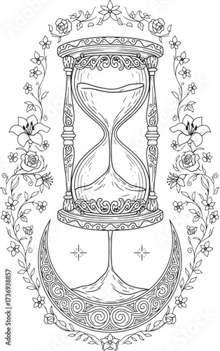 Ornate Hourglass on a Moon Base with Floral Garland