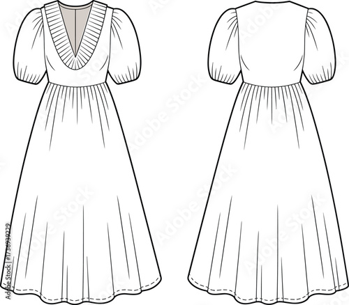 CAD drawing flat vector dress, fashion flat sketch, puff sleeve V-neck long dress design, technical garment illustration, apparel template design