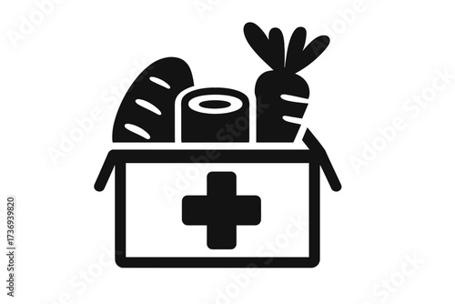 Charity food donation box icon. Vector graphic for humanitarian aid, groceries assistance, solidarity and care. Community support symbol. Poverty relief and social help concept.