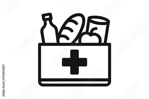 Charity food donation box with groceries icon. Vector for humanitarian aid, community assistance, and support. Concept for solidarity, care, hunger relief and volunteering.