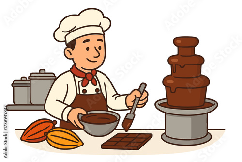 Chocolatier at work. Pastry chef making handmade chocolate. Confectioner in kitchen with chocolate fountain, cacao pods, cocoa. Gourmet dessert production process. Candy factory.