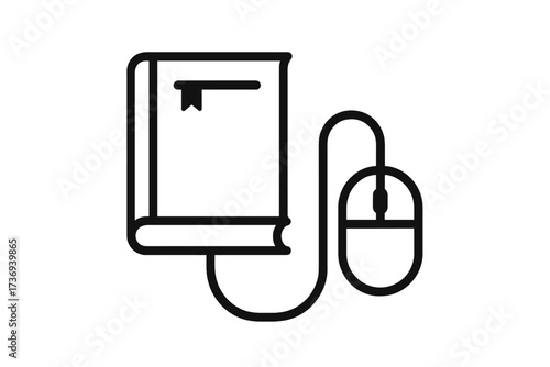 E-learning & online education concept. Mouse connected to book icon. Digital knowledge, online reading, audio book metaphor. Library, courses, academic articles, research symbol.