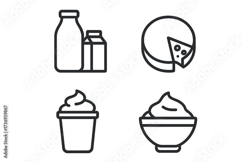 Dairy products line icon set. Milk, cheese, yogurt, and cream. Vector food illustration for infographic, website, and mobile app. Healthy eating and nutrition concept symbols.